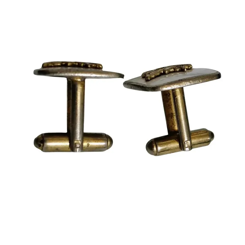 1950s Roadster White Enamel Cufflinks Faux Gold Metal Formal Wear Set of Two